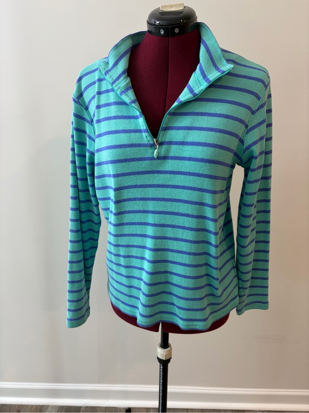L.L. Bean Aqua and Blue Striped Half-Zip Pullover